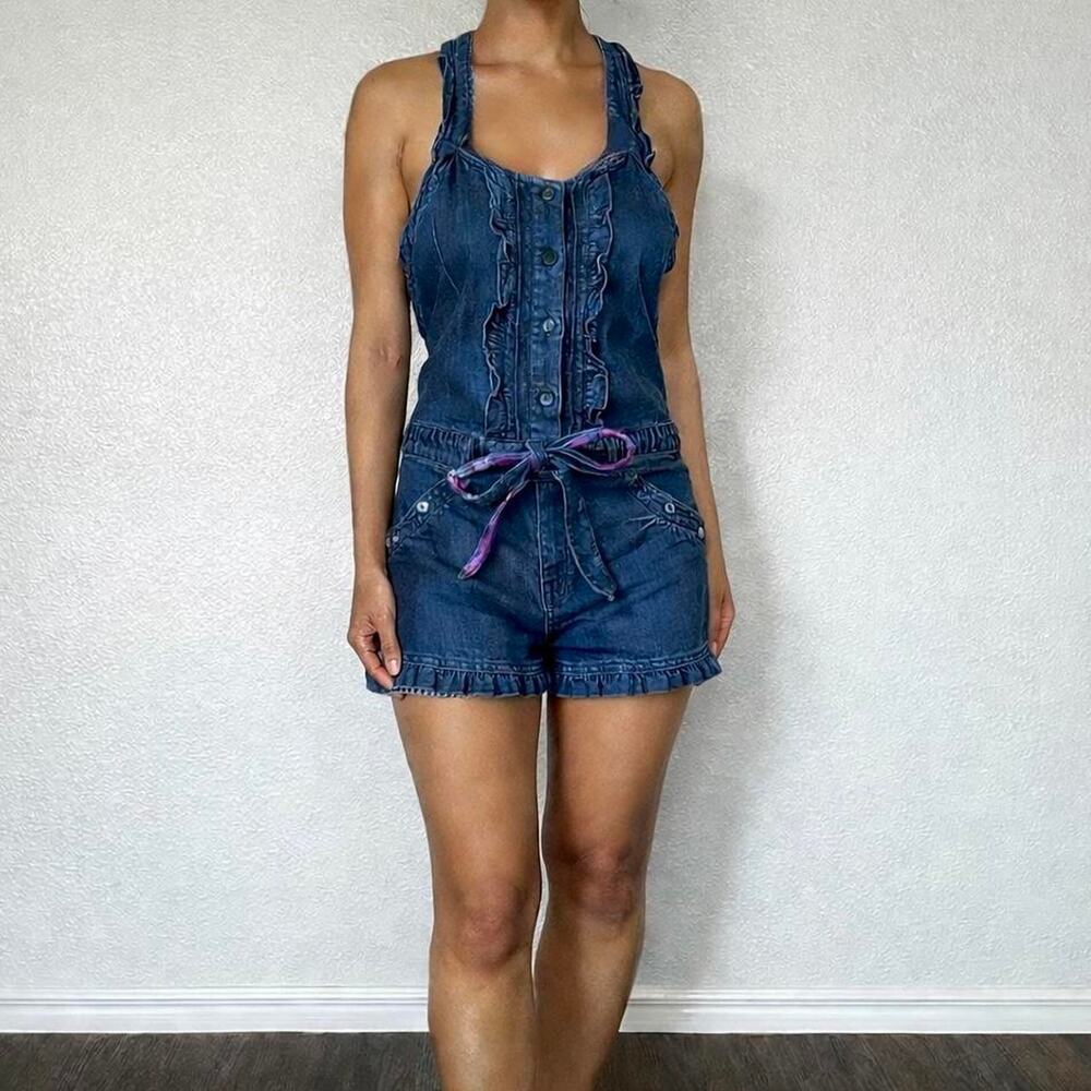 Vintage Y2K Cotton Denim Romper Blue Ruffle Belted Boho Playsuit Size Small